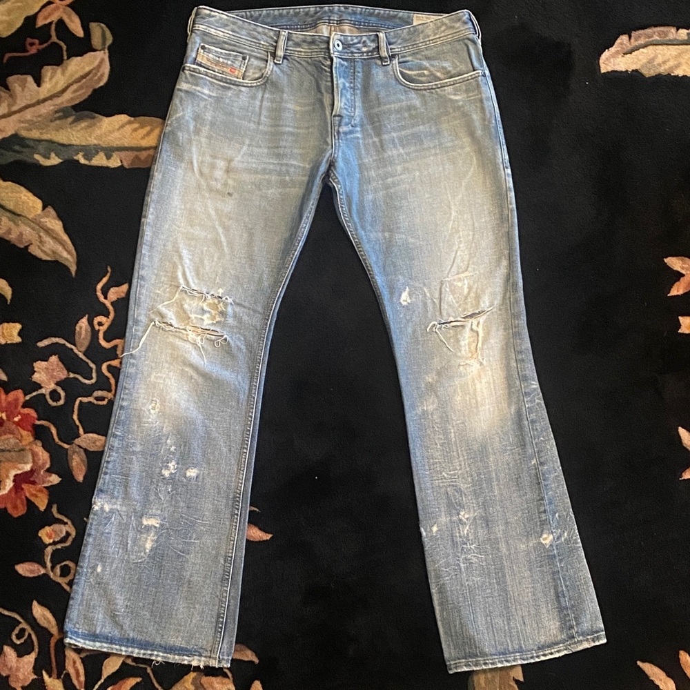 Diesel Zathan Low Rise Faded Light Blue Distressed Bootcut Jeans